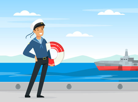 Man Sailor Character in Blue Shirt and Cap on Deck of Ship with Lifebuoy Vector Illustrationのイラスト素材