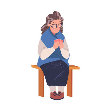 Senior Woman Character Playing Cards Game Sitting on Chair Vector Illustrationのイラスト素材