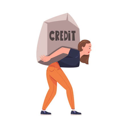 Severity of Mortgage with Woman Carrying Huge Stone as Heavy Burden of Credit Vector Illustrationのイラスト素材