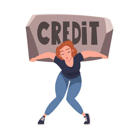 Severity of Mortgage with Woman Carrying Huge Stone as Heavy Burden of Credit Vector Illustrationのイラスト素材