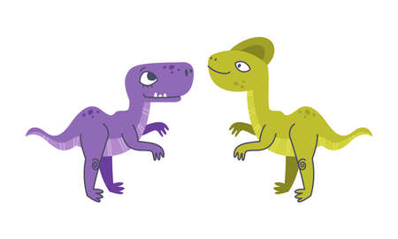 Funny Dinosaur as Cute Prehistoric Creature and Comic Jurassic Predator Vector Setのイラスト素材