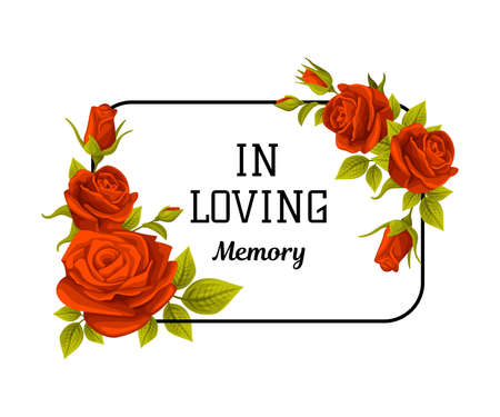 Funeral Red Rose Rectangular Frame with In Loving Memory Quote and Inscription Vector Illustrationのイラスト素材
