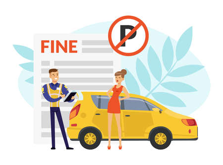 Man Road Police Officer Writing Out Fine to Woman Violating Traffic Rules Vector Illustrationのイラスト素材