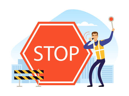 Man Road Police Officer Blowing Whistle with Stop Red Sign and Barrier Fence Vector Illustrationのイラスト素材