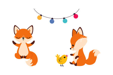 Cute Red Fox Playing with Yellow Chick and Meditating in Yoga Pose Vector Setのイラスト素材