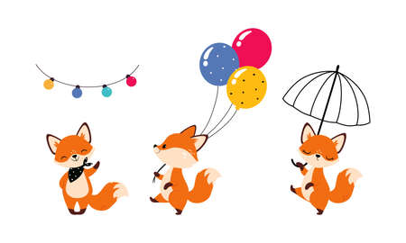Cute Red Fox Walking with Umbrella and Carrying Bunch of Balloons Vector Setのイラスト素材
