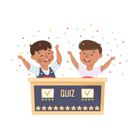 Little Boy Winning Quiz Game or Mind Sport Standing at Press Button and Cheering Vector Illustrationのイラスト素材