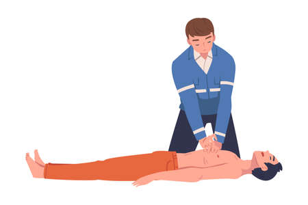 Man Doctor Making External Cardiac Massage to Lying Victim as Rescue and Life Saving Emergency Operation Vector Illustrationのイラスト素材