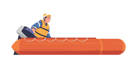 Man Rescuer in Orange Vest on Sailing Boat Engaged in Life Saving Operation Vector Illustrationのイラスト素材