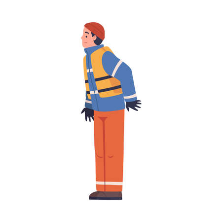 Man Rescuer in Orange Vest Engaged in Life Saving Operation Vector Illustrationのイラスト素材