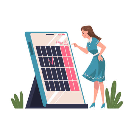 Woman Character Planning Time and Event Marking Date on Smartphone Calendar App and Managing Schedule Vector Illustrationのイラスト素材