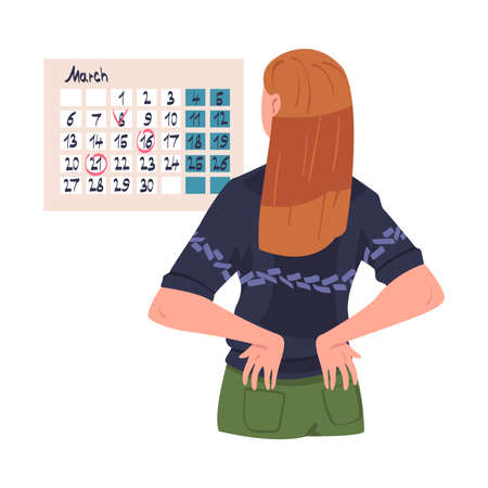 Woman Character Planning Time and Event with Marked Date on Calendar and Managing Schedule Vector Illustrationのイラスト素材