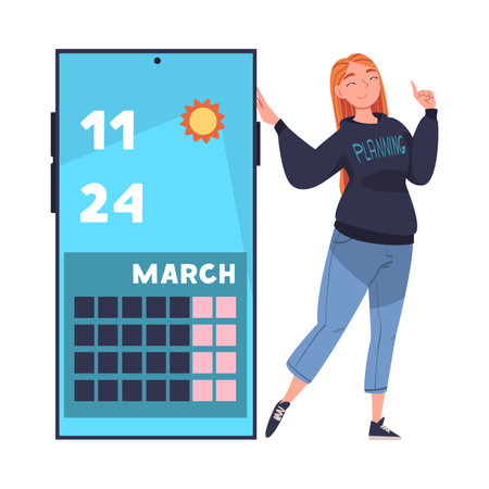 Woman Character Planning Time Managing Schedule on Smartphone Calendar App Vector Illustrationのイラスト素材