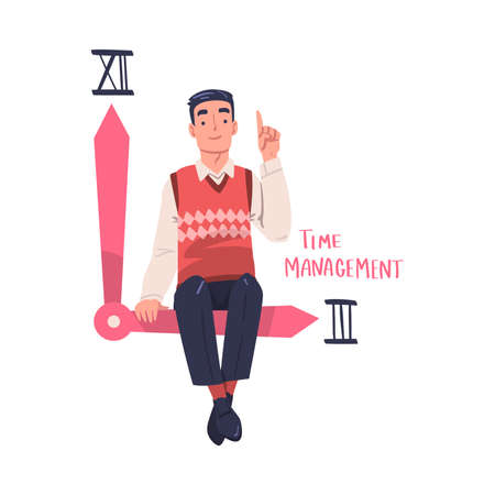 Man Character Sitting on Clock Hand Planning Time and Event Managing Schedule Vector Illustrationのイラスト素材