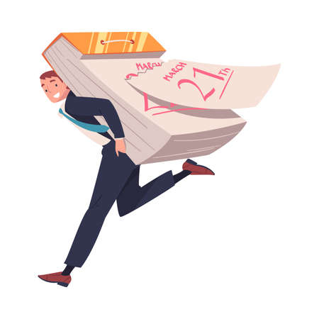 Man Character Carrying Huge Sheet Calendar Planning Time and Managing Schedule Vector Illustrationのイラスト素材