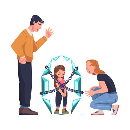 Mother and Father Talking to Little Girl in Crystal Tied with Chains as Problematic Communication and Misunderstanding Between Parent and Child Vector Illustrationのイラスト素材