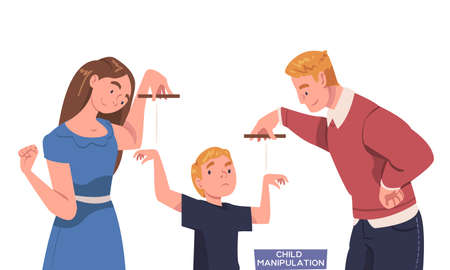 Father and Mother Pulling Ropes Manipulating Their Son as Problematic Communication and Misunderstanding Between Parent and Child Vector Illustrationのイラスト素材