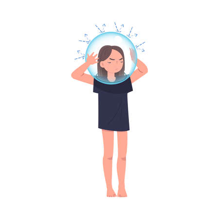 Little Girl Wearing Glass Bulb on Her Head Having Problematic Communication with Parent Vector Illustrationのイラスト素材