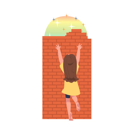 Little Girl Behind Brick Wall Enclosure Having Problematic Communication with Parent Vector Illustrationのイラスト素材