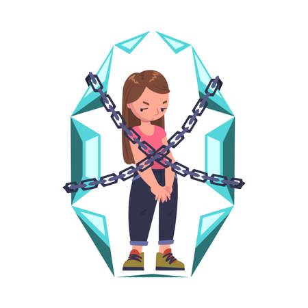 Little Girl in Crystal with Chains Having Problematic Communication with Parent Vector Illustrationのイラスト素材