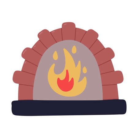 Wood-fired Bricked Oven with Burning Fire Flame for Pizza Cooking Vector Illustration. Traditional Stone Stove in Pizzeriaのイラスト素材