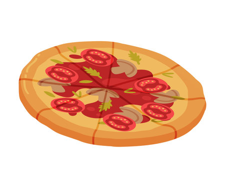 Appetizing Italian Pizza as Round Hot Dough Topped with Tomato and Mushroom Vector Illustrationのイラスト素材