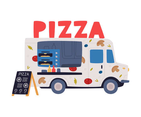 Pizza Food Truck as Equipped Motorized Vehicle for Cooking and Selling Street Food Vector Illustrationのイラスト素材