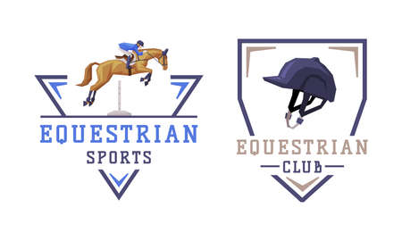 Equestrian Club  Emblem with Jockey on Horseback Vector Setのイラスト素材