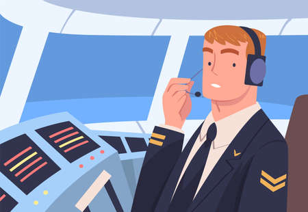 Man Aircraft Pilot or Aviator Sitting Inside Airplane Cabin at Control Panel Vector Illustrationのイラスト素材