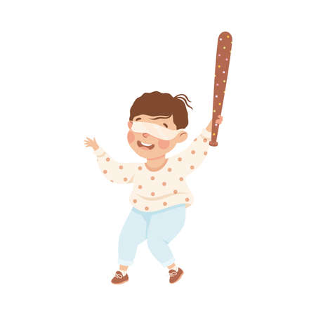 Little Boy with Wooden Stick Ready to Hit Pinata at Birthday Party Vector Illustrationのイラスト素材