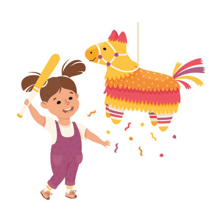 Funny Girl Striking and Hitting Pinata Hanging on String with Stick Vector Illustrationのイラスト素材