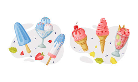 Ice-cream as Sweet Frozen Dessert Food and Snack Vector Composition Set