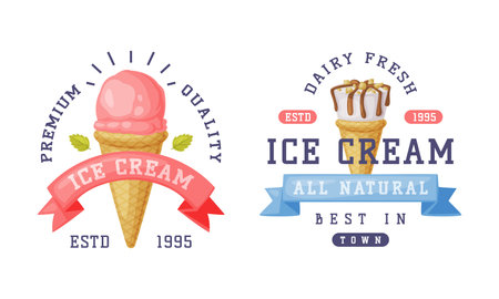 Ice Cream Emblem and Badge with Ribbon and Frozen Dessert Vector Template Setのイラスト素材