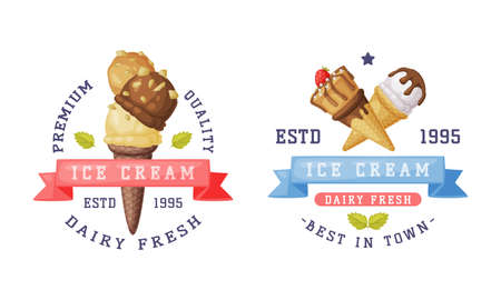 Ice Cream Emblem and Badge with Ribbon and Frozen Dessert Vector Template Setのイラスト素材