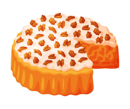Baked Pie Made from Pastry Dough with Sweet Cream and Walnut Vector Illustrationのイラスト素材