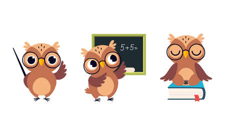 Cute Owl in Glasses with Pointer and Near Blackboard Vector Setのイラスト素材