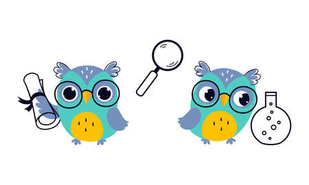 Cute Owl in Glasses with Paper Scroll and Flask with Chemical Vector Setのイラスト素材