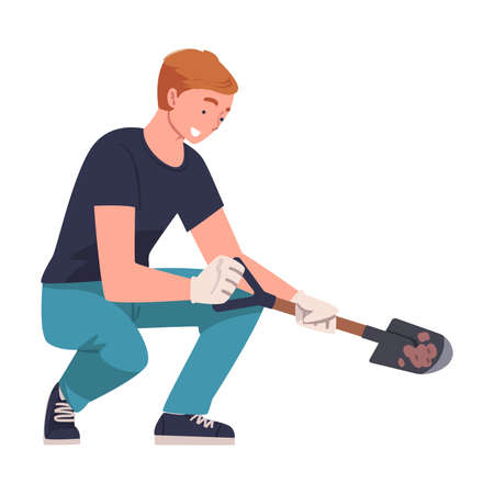 Man Character with Shovel or Spade Engaged in Soil Digging for Planting Tree Sapling Vector Illustrationのイラスト素材