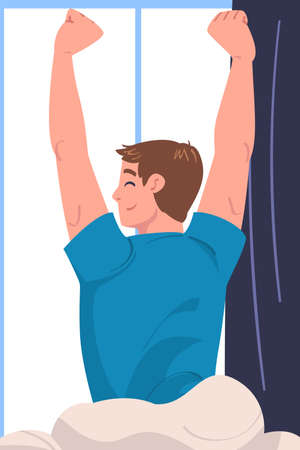 Man Character Waking Up Feeling Happy Stretching Out in Bed Ready to Get Up in the Morning Vector Illustrationのイラスト素材