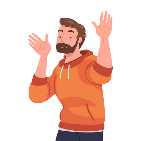 Man Character Showing Positive Gesture Waving Hand Vector Illustrationのイラスト素材