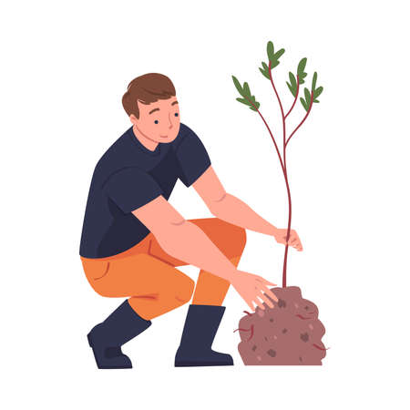 Man Character Planting Tree Sapling in Soil Taking Care of Planet and Nature Vector Illustrationのイラスト素材
