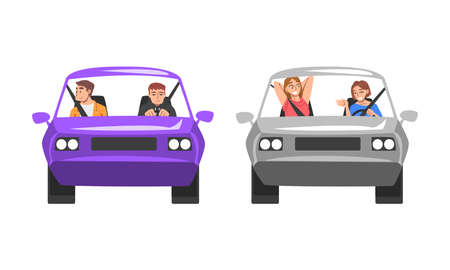 Man and Woman Character Driving Car Sitting on Driver Seat Inside Vehicle Front View Vector Setのイラスト素材