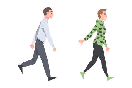 Walking Man and Woman Character Taking Steps Forward Side View Vector Illustration Setのイラスト素材