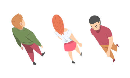 Going and Walking Man and Woman Character Stepping Forward Top View Vector Illustration Set