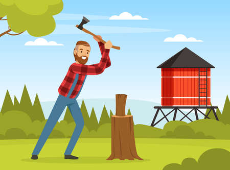 Bearded Man Lumberjack or Woodman in Red Checkered Shirt with Ax Cutting Wood Vector Illustrationのイラスト素材