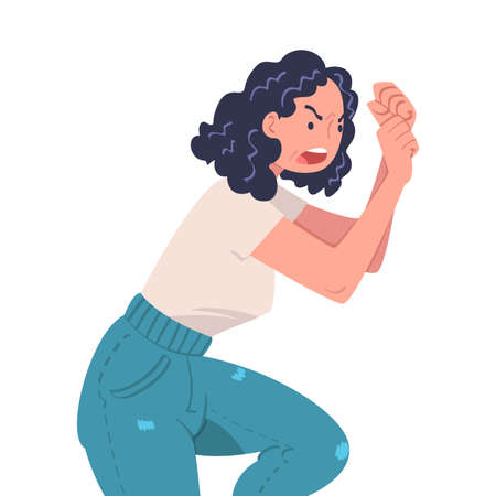 Angry Woman with Furious Face Shouting and Arguing Having Conflict with Somebody Vector Illustrationのイラスト素材