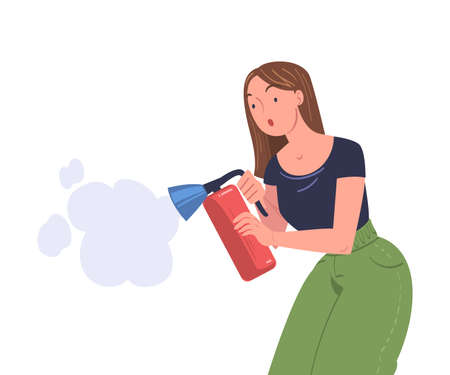 Woman with Fire Extinguisher Trying to Stop Flame Burning in Emergency Situation Vector Illustrationのイラスト素材