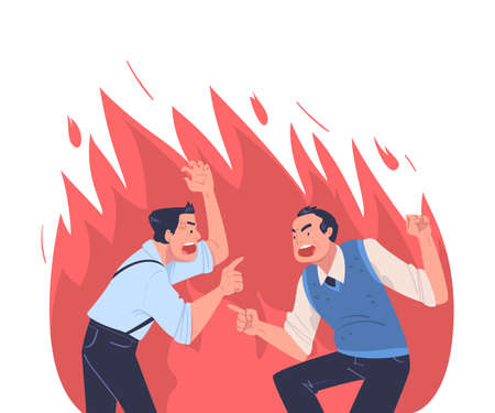 Angry Man with Furious Face in Flame Shouting and Arguing Having Conflict with Each Other Vector...