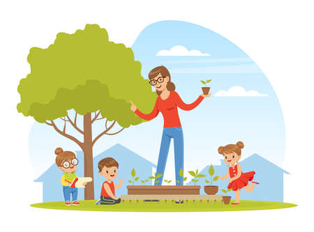 Little Children with Female Teacher Having Botany Lesson Examining and Listening Vector Illustrationのイラスト素材