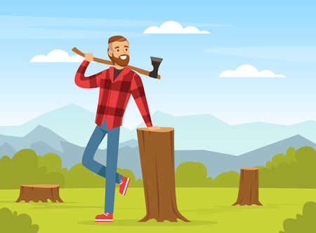Bearded Man Lumberjack or Woodman in Red Checkered Shirt with Ax Leaning on Tree Stump Vector Illustrationのイラスト素材